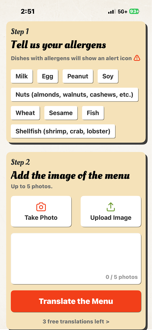 Menu photo capture